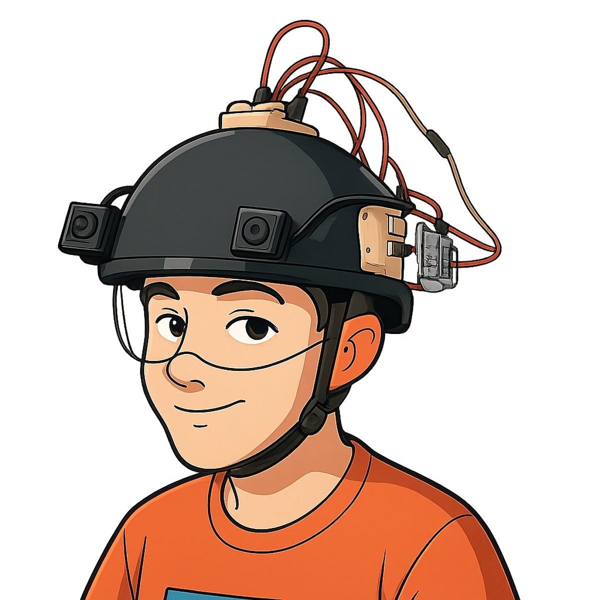 Illustrated portrait of Irakli with an electronics helmet
